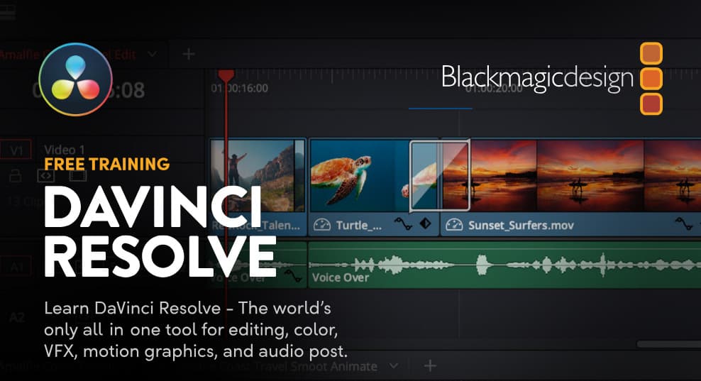 Banner promocional de la formación gratuita en DaVinci Resolve, con interfaz del software en pantalla y el logo de Blackmagic Design.