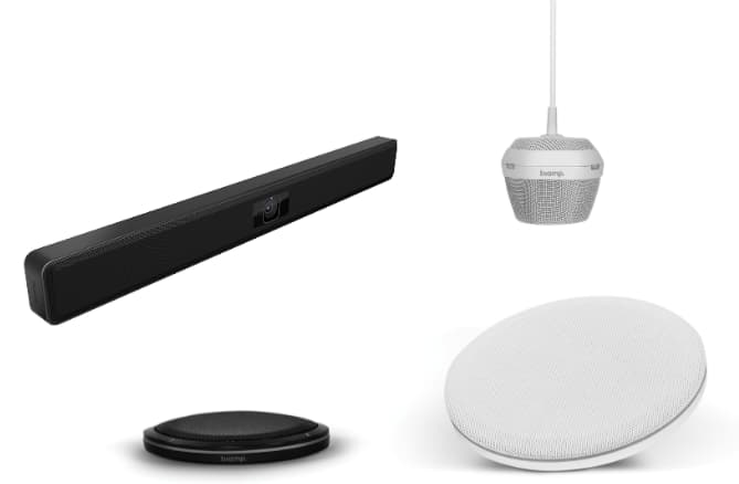 Micrófonos Biamp Parlé Beamtracking, barra de sonido y micrófonos de superficie para audio en salas de conferencias grandes.