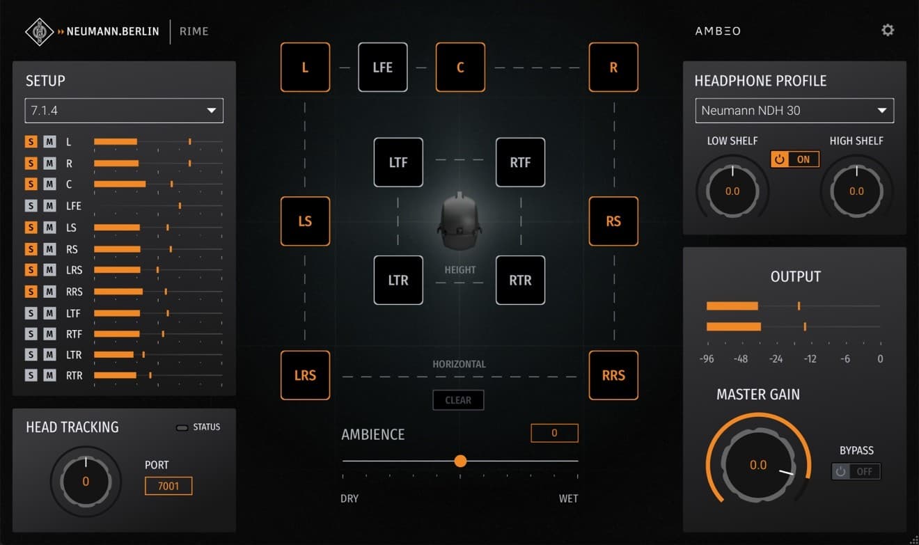 Interfaz del plugin Neumann RIME 1.5 mostrando monitorización inmersiva Dolby Atmos con control de altavoces, perfiles de auriculares NDH y opciones de head tracking.