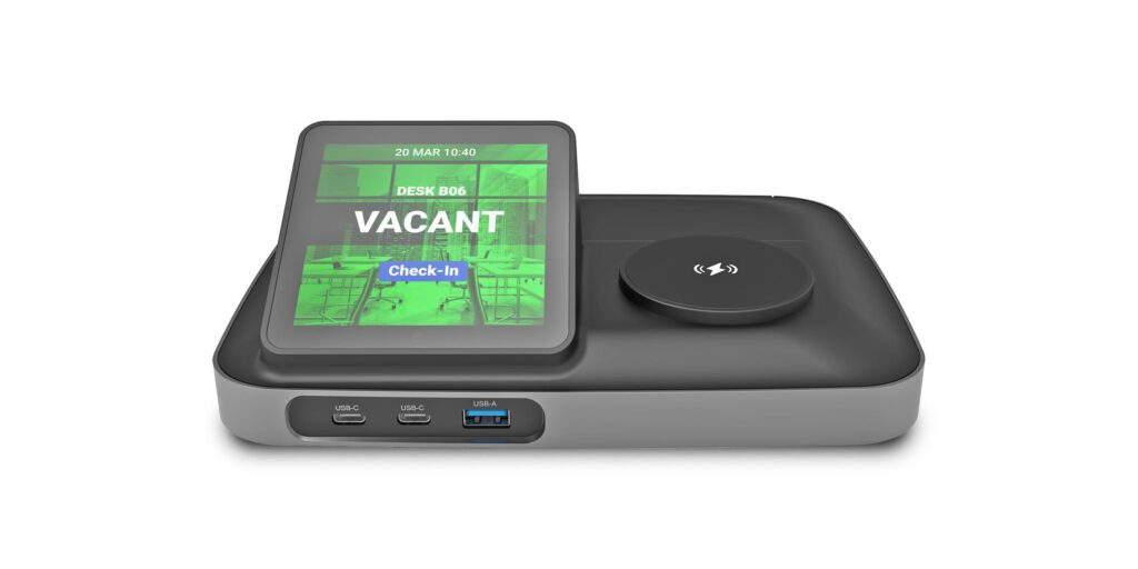 Paneles Qbic de reserva de salas y puestos de trabajo 5 Estación Qbic TDD-1000 BookBuddy Connect con pantalla táctil de 3,9 pulgadas, puertos USB frontales y zona de carga