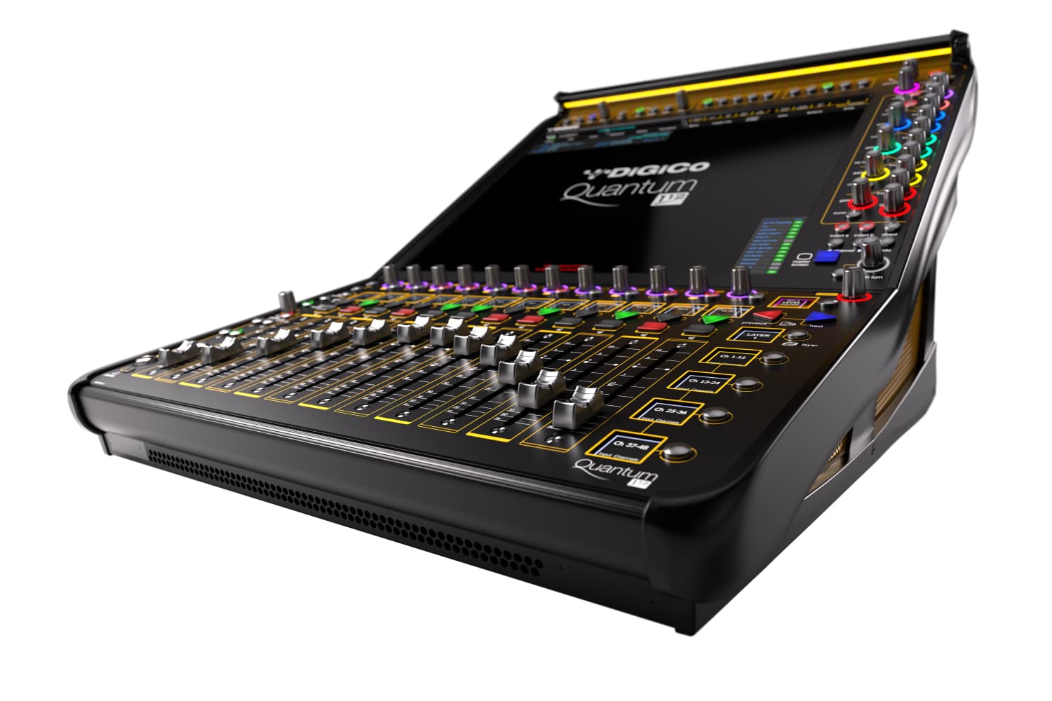 Consola de mezcla DiGiCo Quantum112 vista frontal con faders motorizados y pantalla multitáctil.