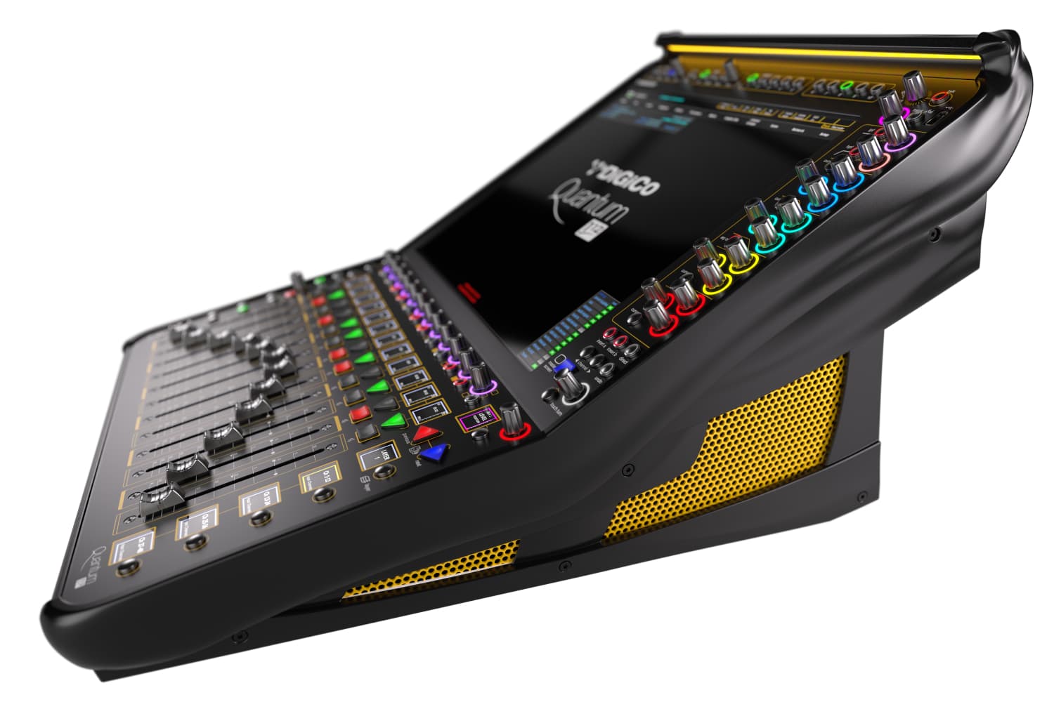 Vista lateral de la DiGiCo Quantum112 mostrando la superficie de control, faders y diseño ergonómico.