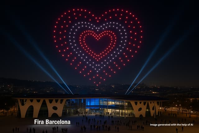 ISE 2026 Drone Show iluminando el cielo de Barcelona con coreografía de drones sobre Fira Barcelona Gran Via