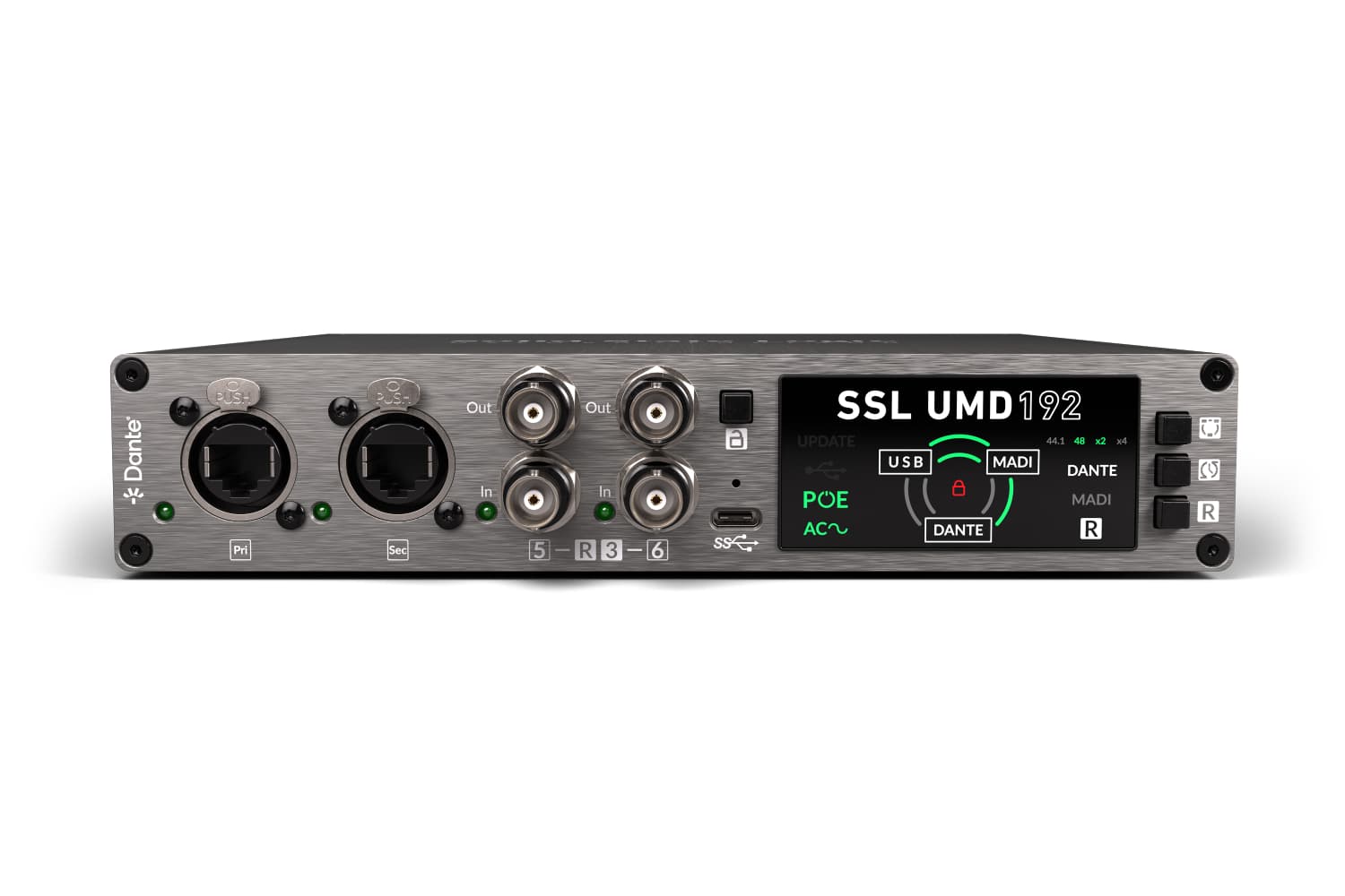 Panel frontal de Solid State Logic UMD192, interfaz de audio digital con MADI, Dante AoIP y USB 3.0