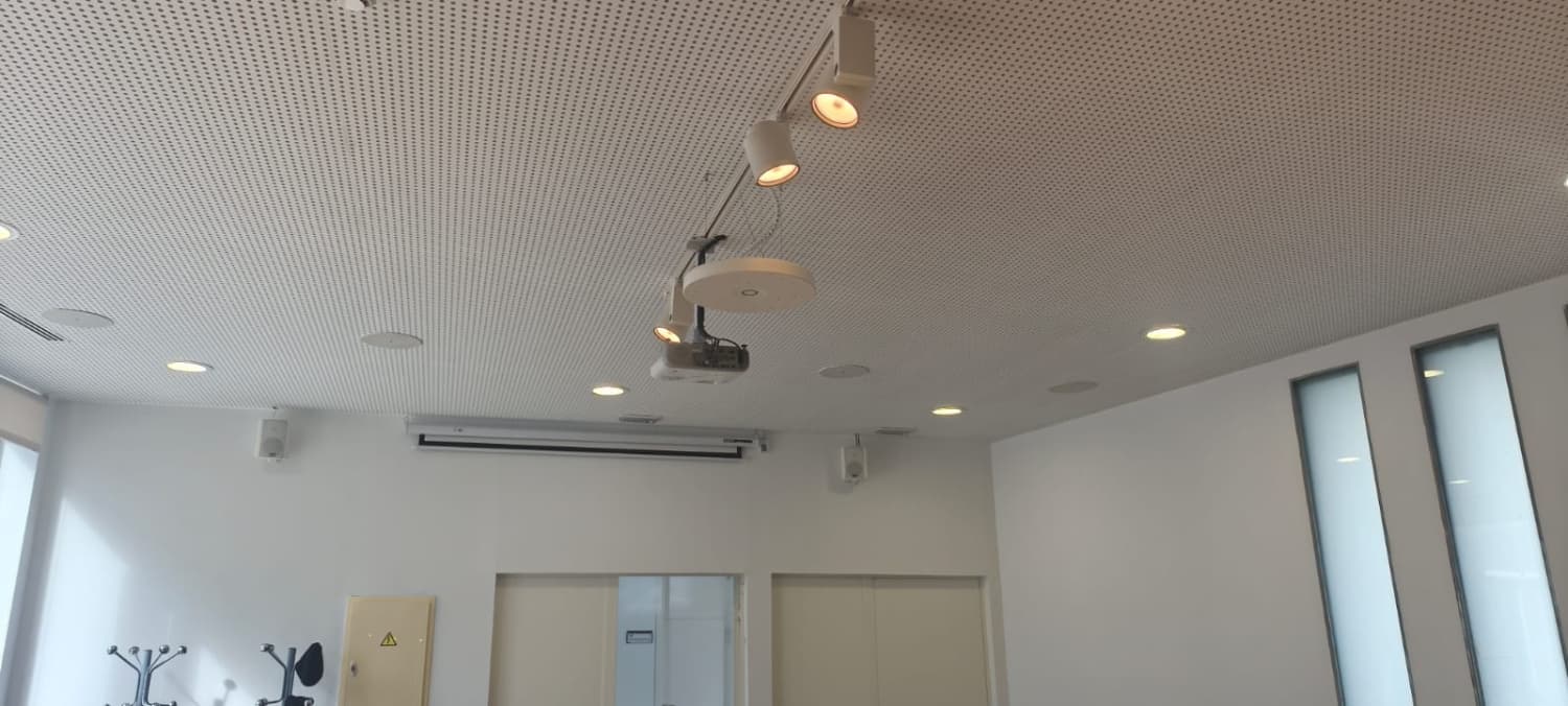 sistema de audio profesional para salas de juntas instalado en la Universidad de Huelva con micrófonos de techo