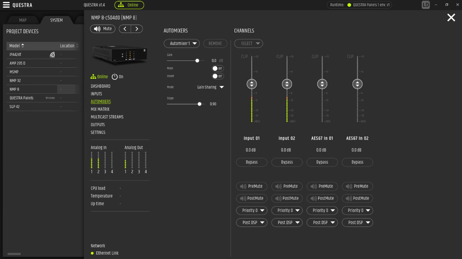 Gestión de automix y canales AES67 en matrices DSP NMP8 desde la plataforma QUESTRA para integración audiovisual
