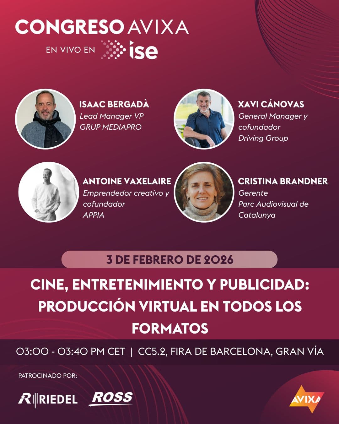 Cartel del Congreso AVIXA en ISE 2026 sobre producción virtual para cine, entretenimiento y publicidad, con ponentes internacionales y sesión en Fira Barcelona