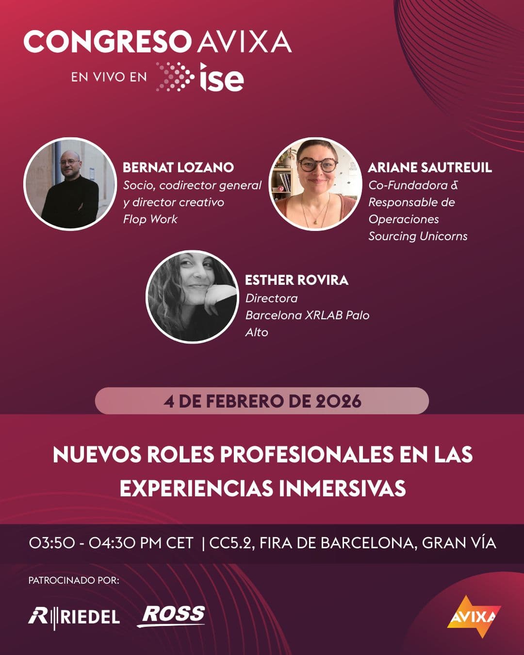 Cartel del Congreso AVIXA en ISE 2026 sobre producción virtual para cine, entretenimiento y publicidad, con ponentes internacionales y sesión en Fira Barcelona