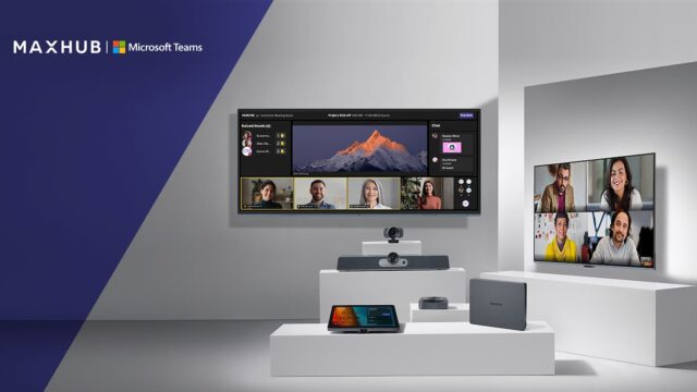MAXHUB en España con solución Microsoft Teams Rooms para salas de reuniones híbridas, pantalla profesional, cámara y barra de videoconferencia.