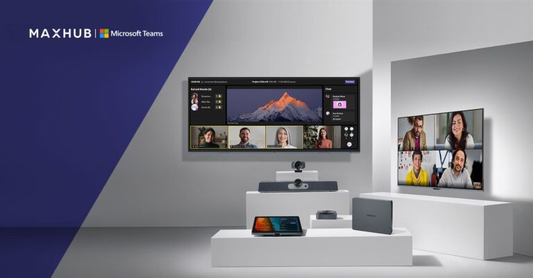 MAXHUB en España con solución Microsoft Teams Rooms para salas de reuniones híbridas, pantalla profesional, cámara y barra de videoconferencia.
