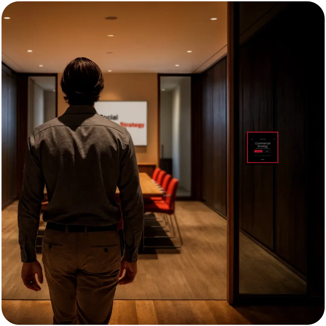 Soluciones AV profesionales para salas de reuniones en un espacio corporativo moderno antes de una reunión híbrida.