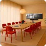 Soluciones AV profesionales para salas de reuniones con sistema de videoconferencia en sala de juntas y pantallas dobles.