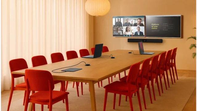 Soluciones AV profesionales para salas de reuniones con sistema de videoconferencia en sala de juntas y pantallas dobles.