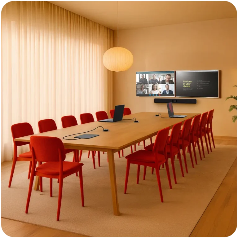 Soluciones AV profesionales para salas de reuniones con sistema de videoconferencia en sala de juntas y pantallas dobles.