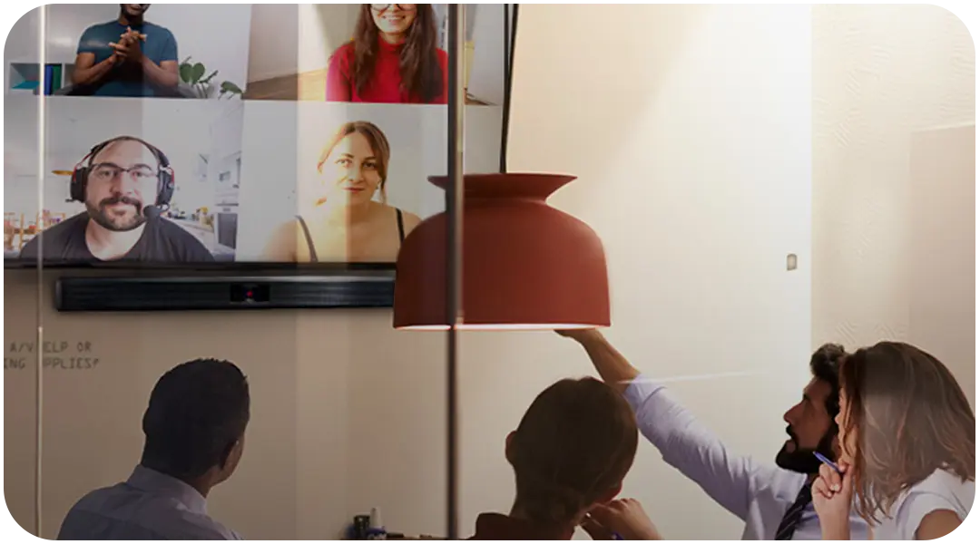 Soluciones AV profesionales para salas de reuniones con videoconferencia y colaboración híbrida en pantalla compartida.