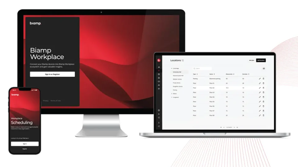 Gestión AV inteligente con Biamp Workplace en dispositivos para oficinas y salas de reuniones
