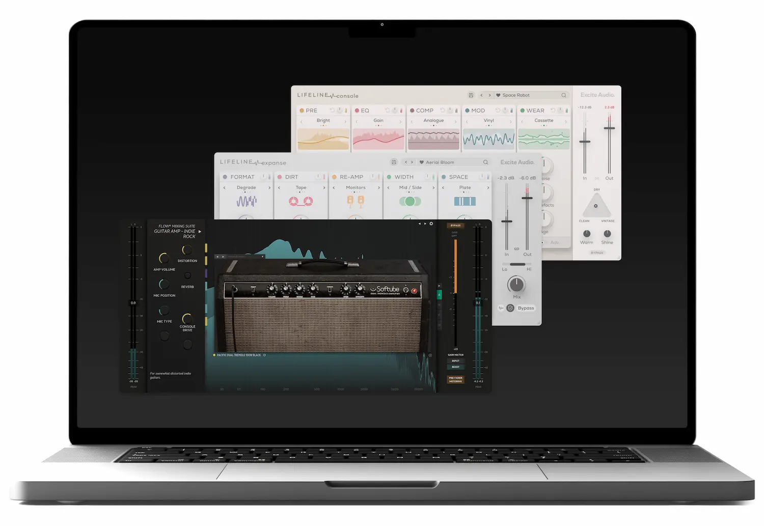 Relanzamiento de Audient Resource Centre con plugins de Softube y Excite Audio mostrados en la pantalla de un portátil