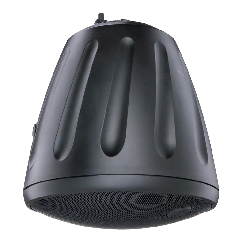 optimización acústica en techos descubiertos con altavoz colgante negro para techo abierto