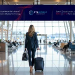 Sharp en Passenger Terminal Expo 2026 en una terminal de aeropuerto con pantallas digitales de información y señalización visual para pasajeros.