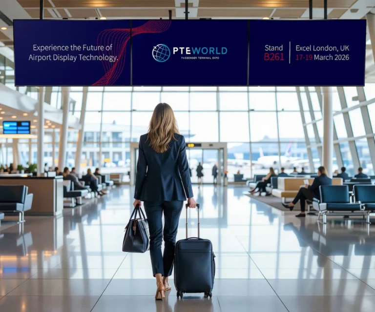 Sharp en Passenger Terminal Expo 2026 en una terminal de aeropuerto con pantallas digitales de información y señalización visual para pasajeros.