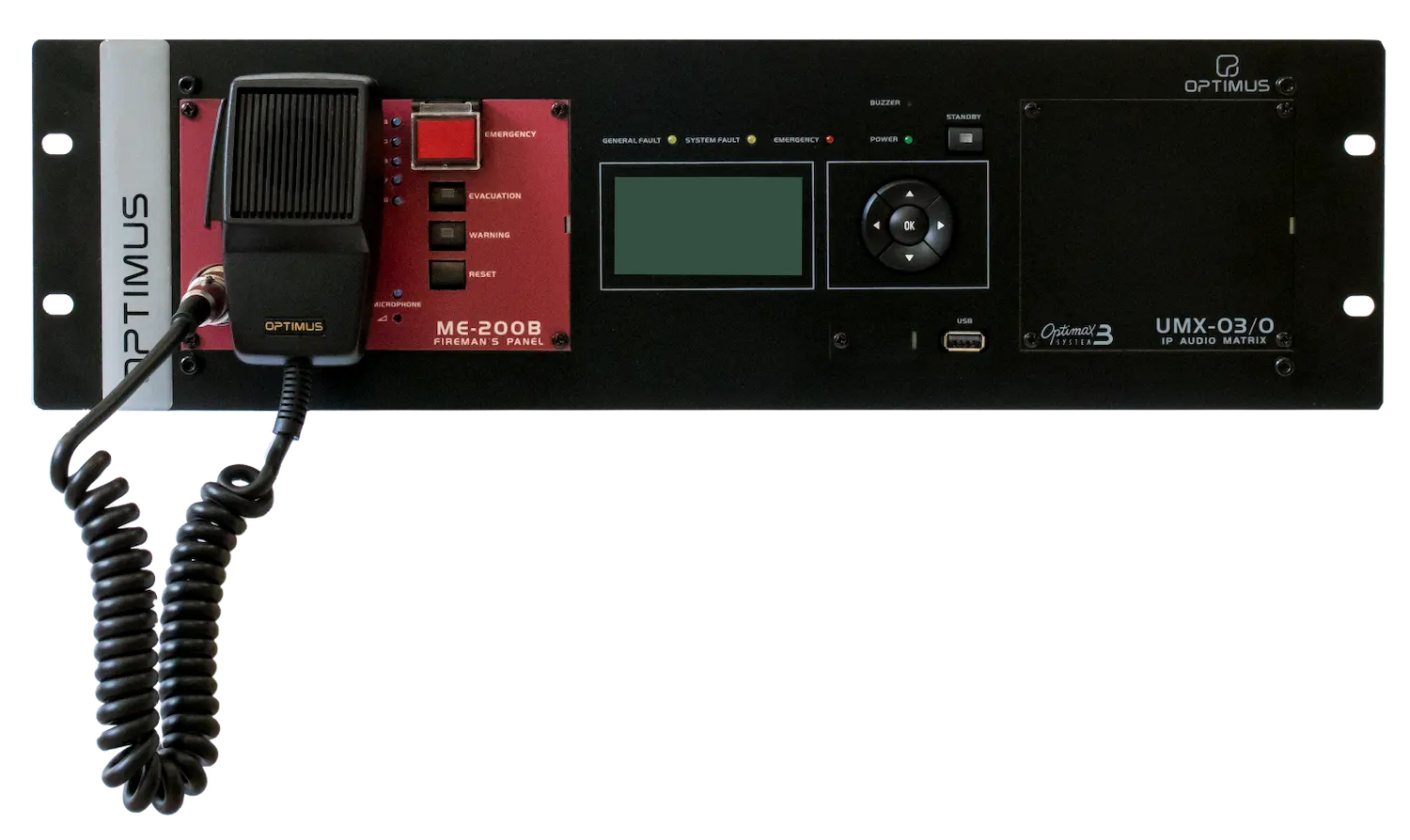 Sistema OPTIMAX3 para megafonía ferroviaria: rack OPTIMUS con panel ME-200B y matriz IP UMX-03, micrófono y controles frontales