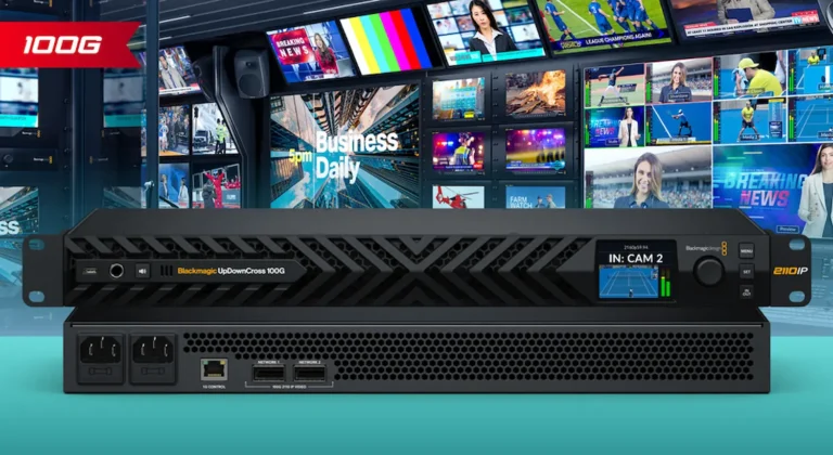 Blackmagic UpDownCross 100G en entorno de producción broadcast IP con monitores de televisión profesional