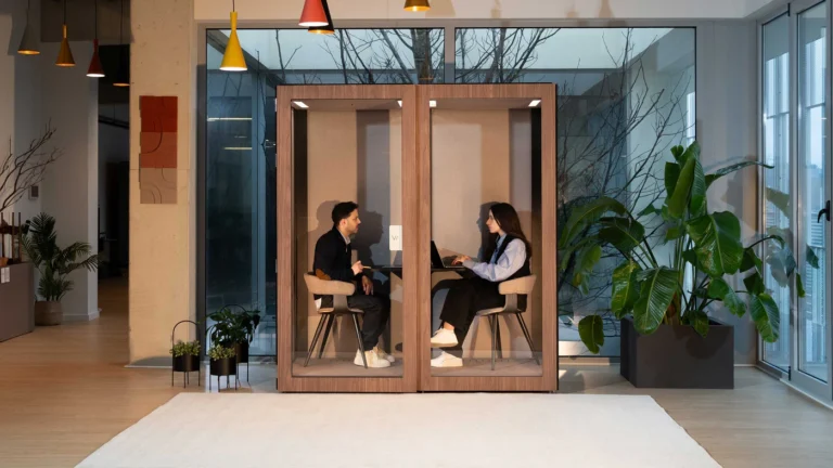 15 VicBooth Office Plus Duo 1x2 Dark Walnut with two persons inside 16x9 1