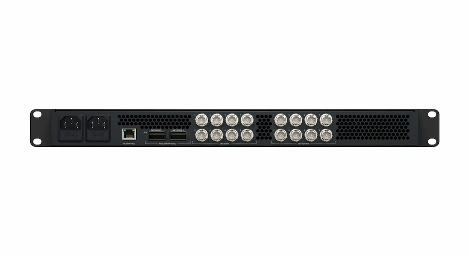 Vista trasera del Blackmagic SDI Expander 8x12G con conexiones SDI 12G, Ethernet 100G y fuentes de alimentación redundantes