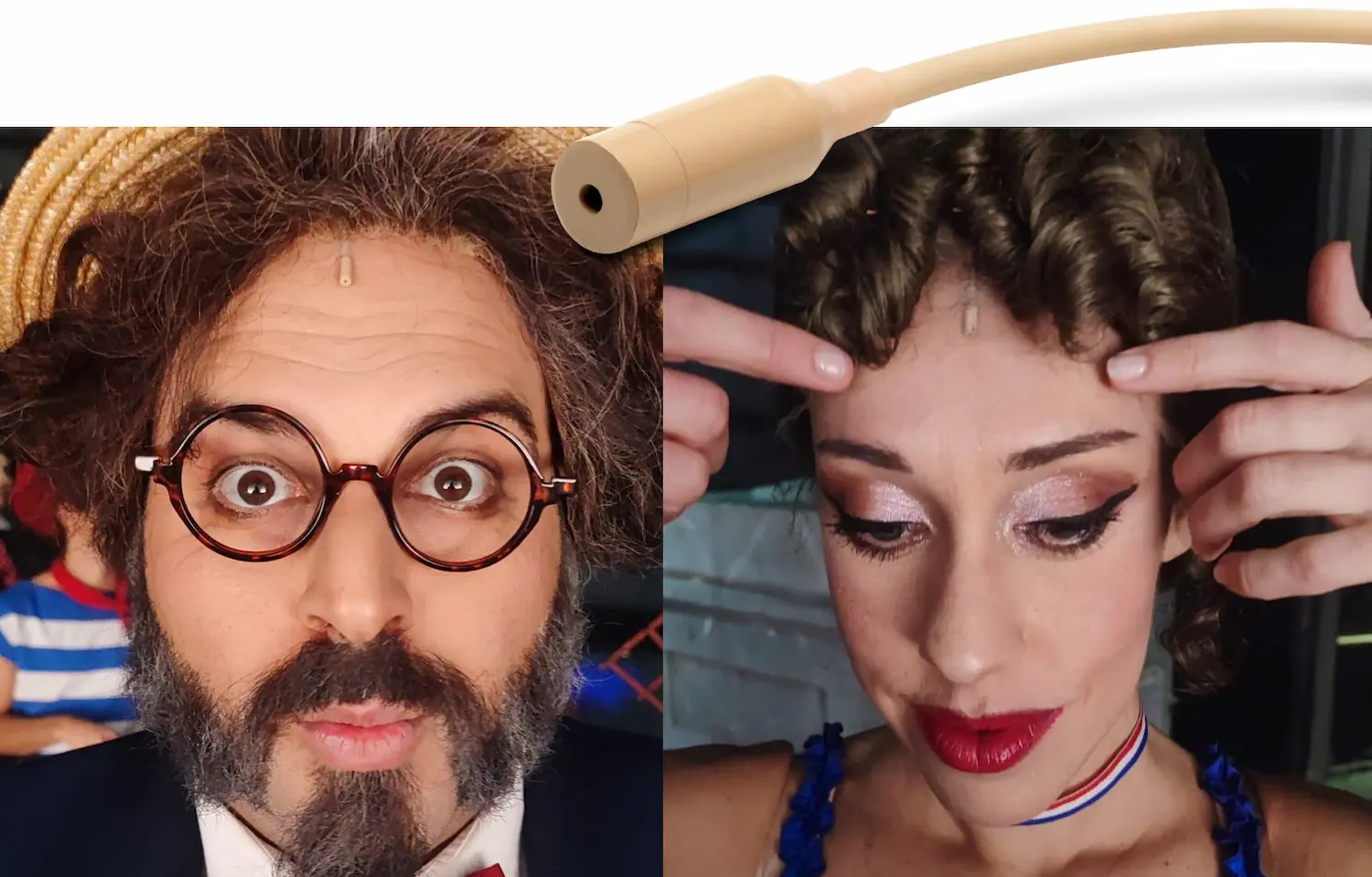 Point Source Audio en teatro musical con micrófono lavalier CO-8WL oculto en la línea del cabello de actores en escena