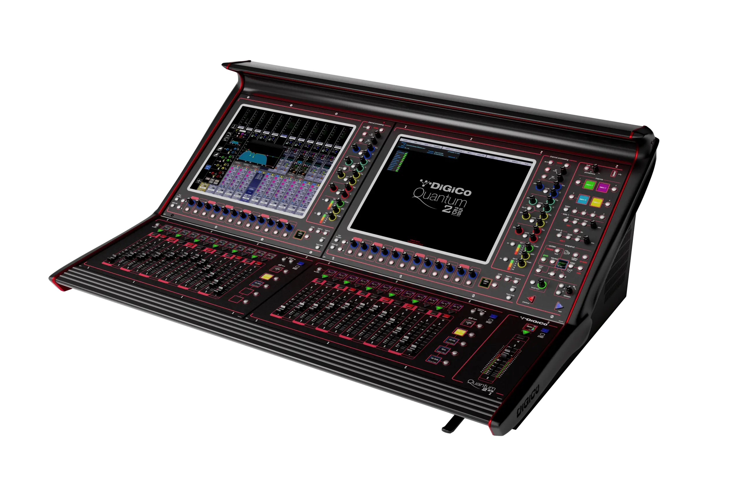 Consola DiGiCo Quantum225 DS con doble pantalla multitáctil y superficie de control para sonido en vivo