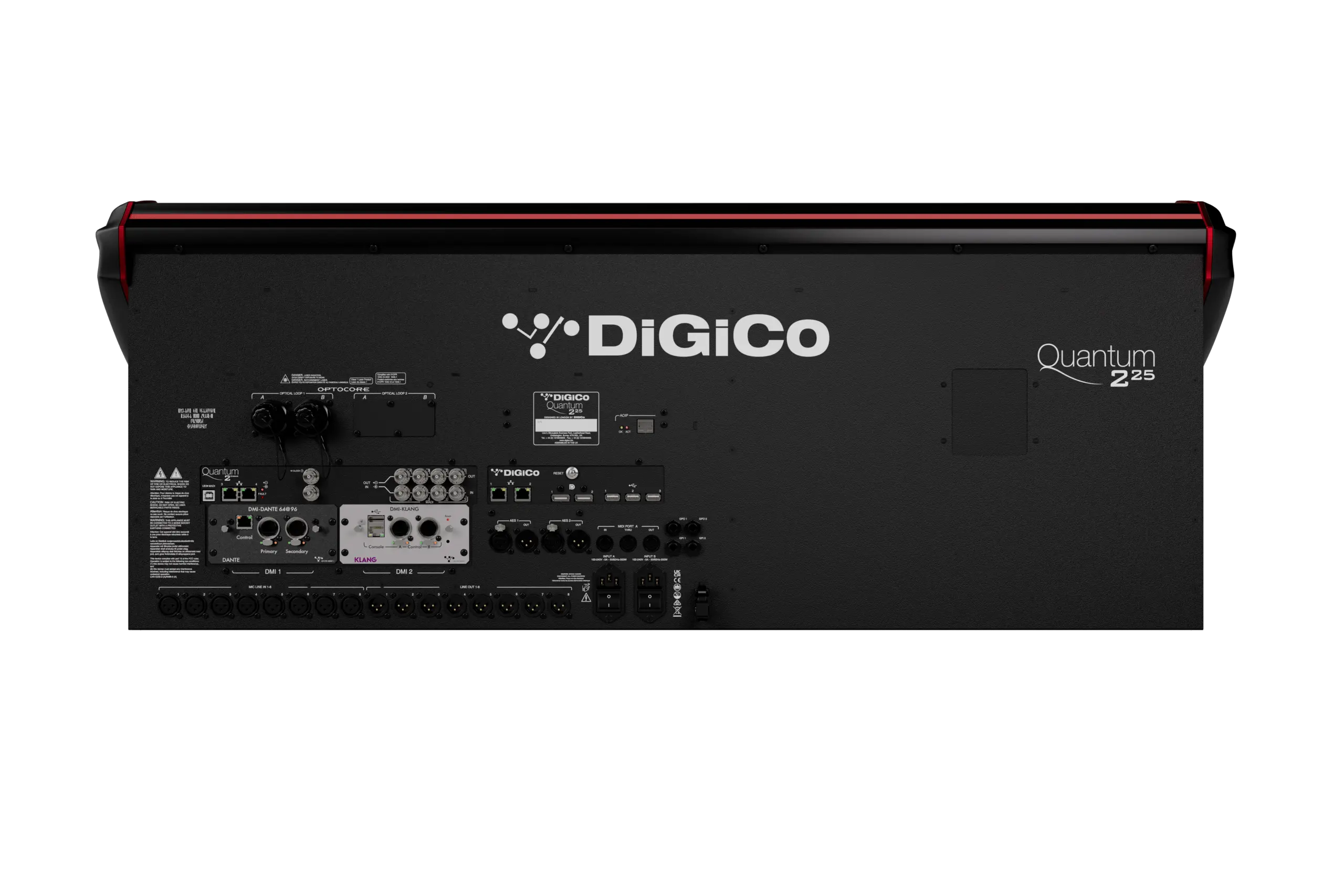 Parte trasera de la DiGiCo Quantum225 DS con conectividad MADI, puertos de red y conexiones profesionales de audio