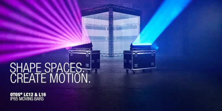 Cameo OTOS LC12 y OTOS L16 con haces de luz rosa y azul en escenario profesional