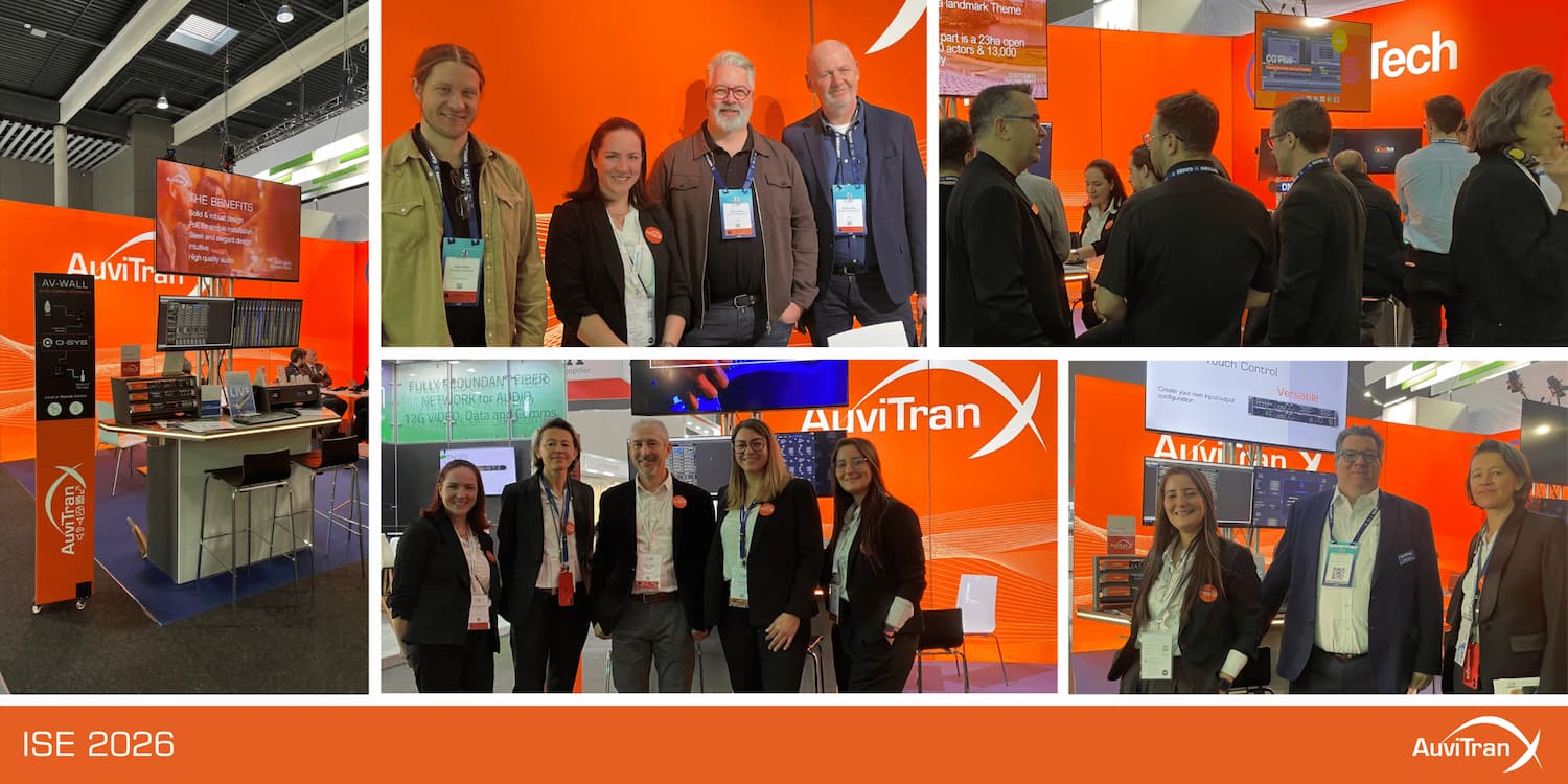 tarjeta AVB para Yamaha RIVAGE PM presentada por AuviTran en ISE 2026 junto a su equipo