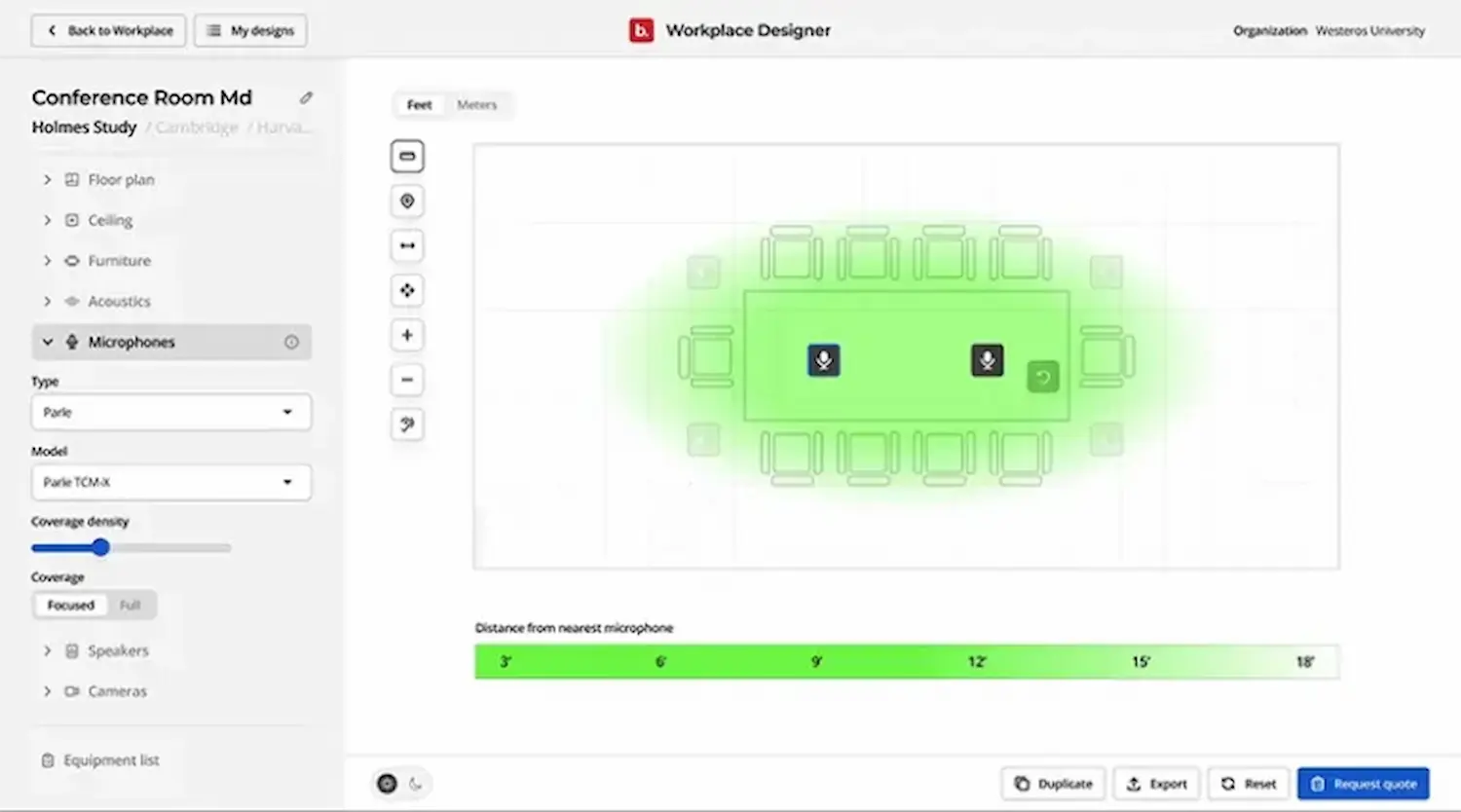 Biamp Workplace Designer mostrando cobertura de micrófonos en una sala de conferencias