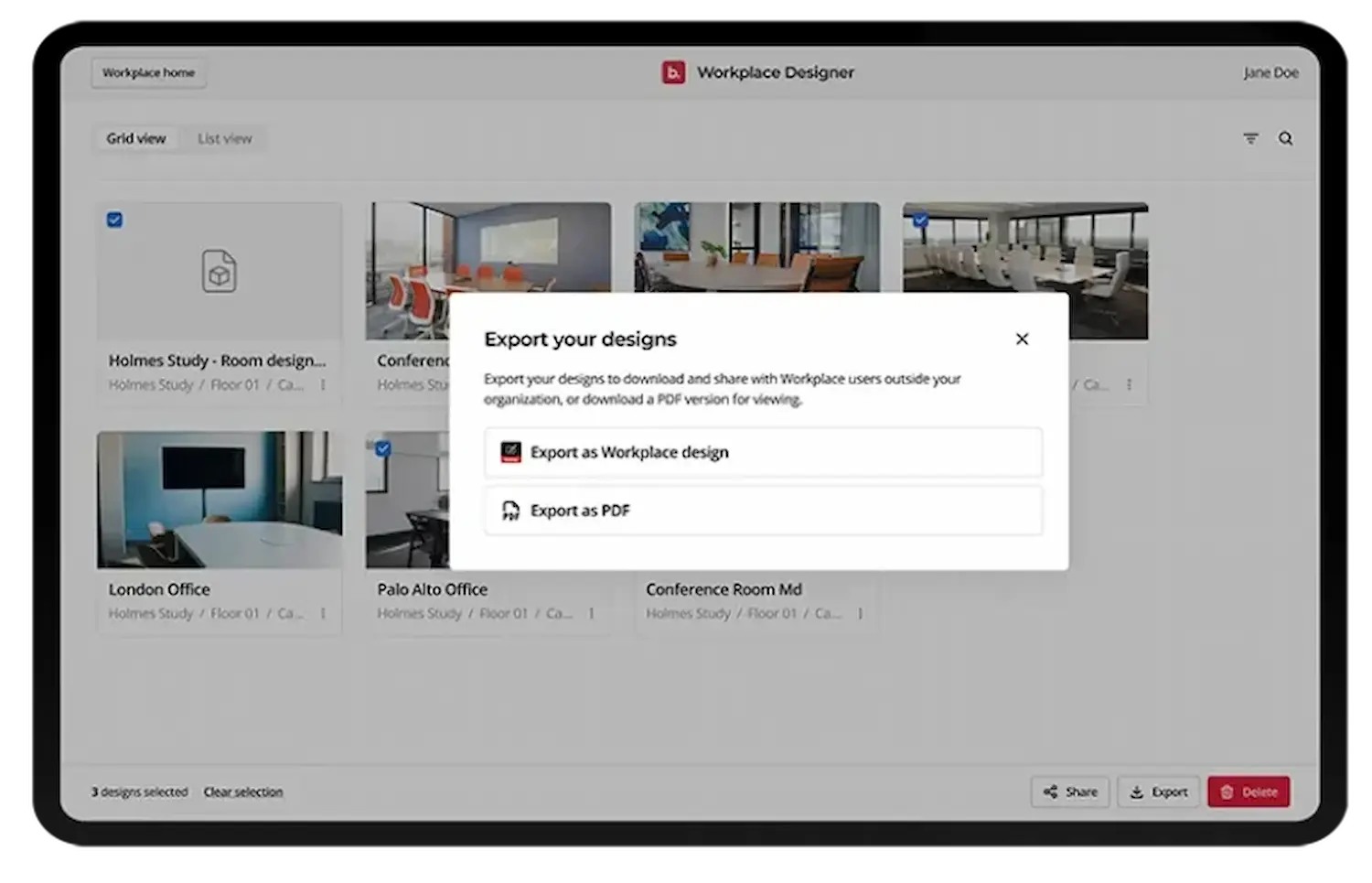 Exportación de diseños en Biamp Workplace Designer para proyectos audiovisuales