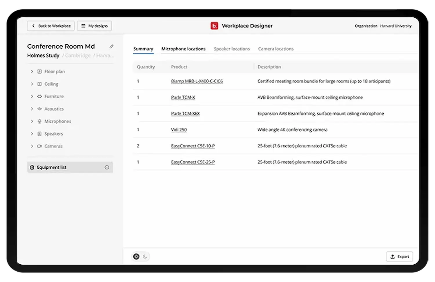 Biamp Workplace Designer con lista de equipos para diseño de salas AV