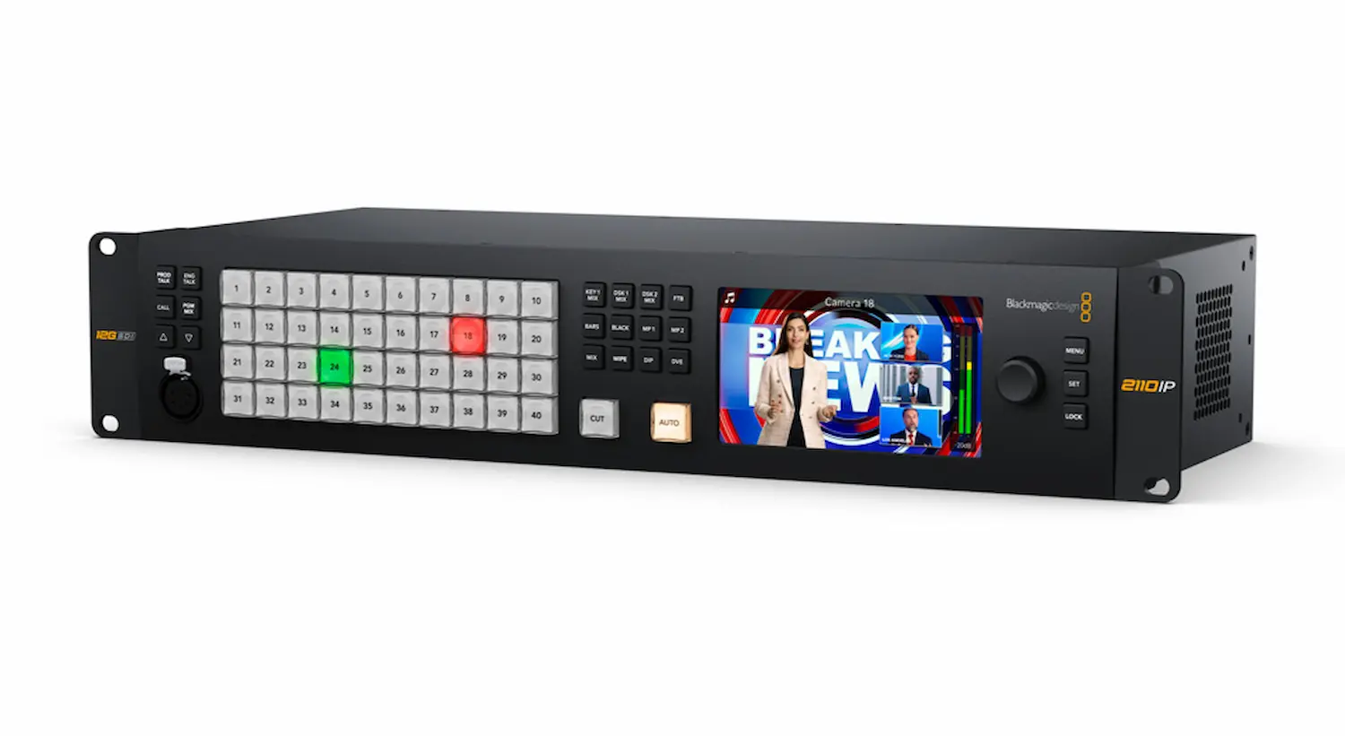 ATEM Monitoring Rack Panel de Blackmagic Design con pantalla frontal para supervisión de señales IP en broadcast
