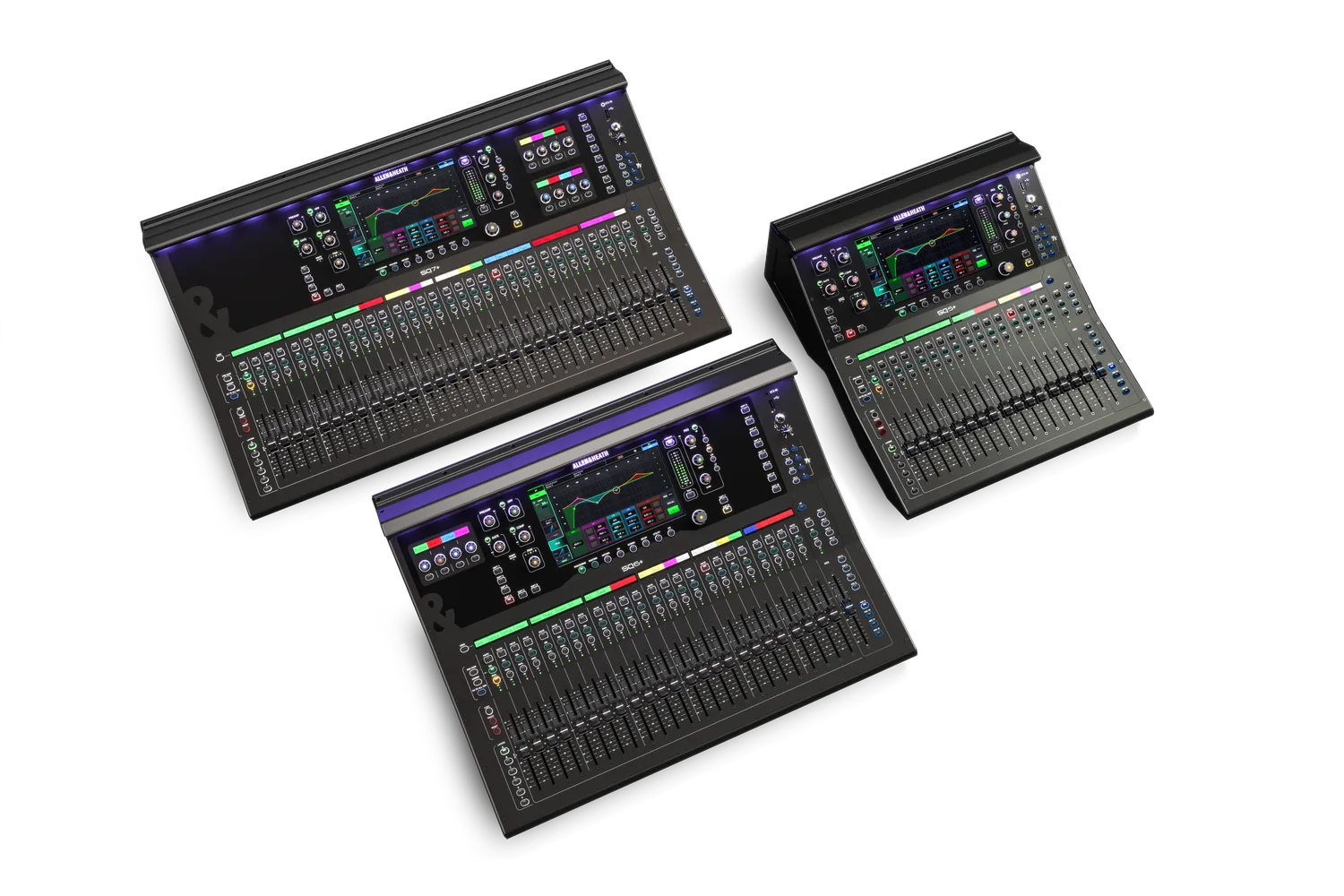Familia de mesas de mezclas digitales Allen & Heath SQ+ con los modelos SQ5+, SQ6+ y SQ7+