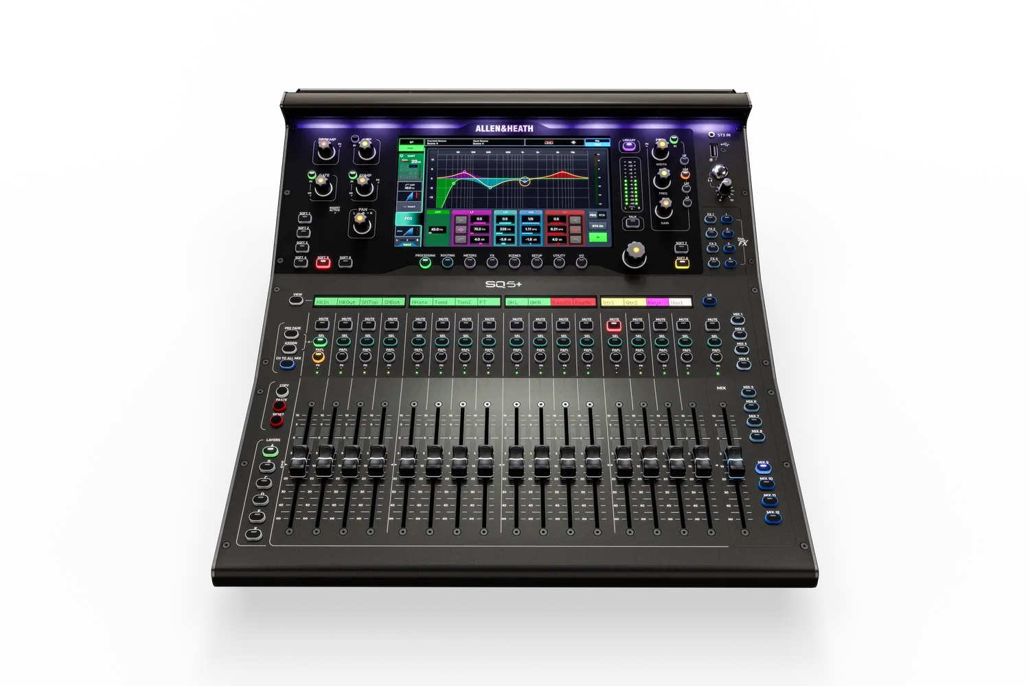 Allen & Heath SQ5+ vista superior con faders motorizados y pantalla táctil de 9 pulgadas