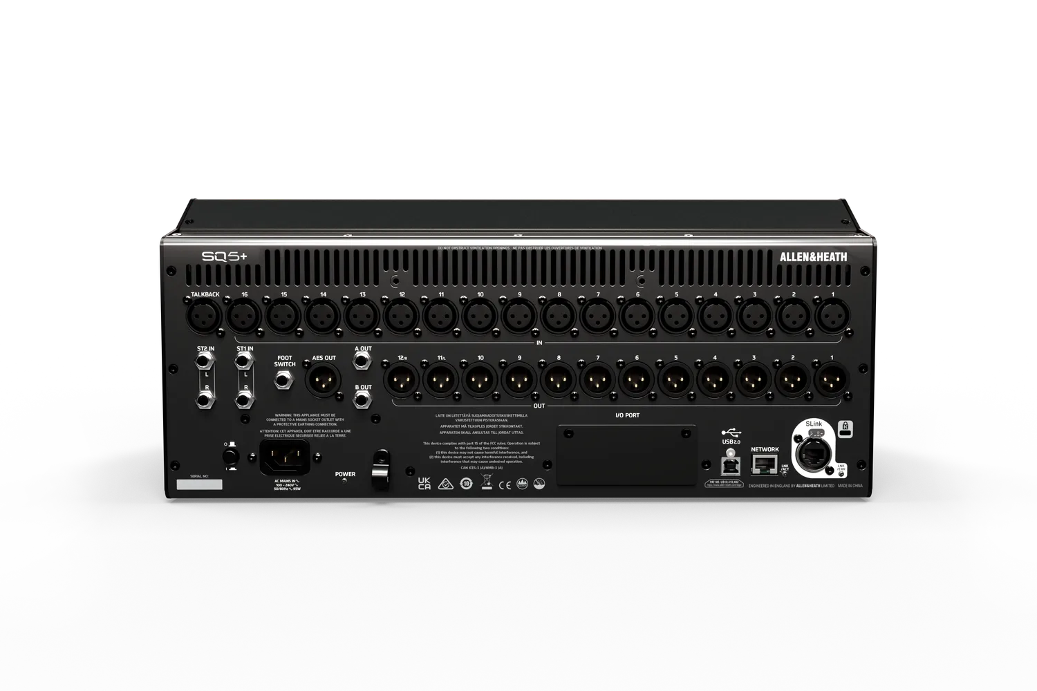 Panel trasero del Allen & Heath SQ5+ con entradas XLR y puerto SLink