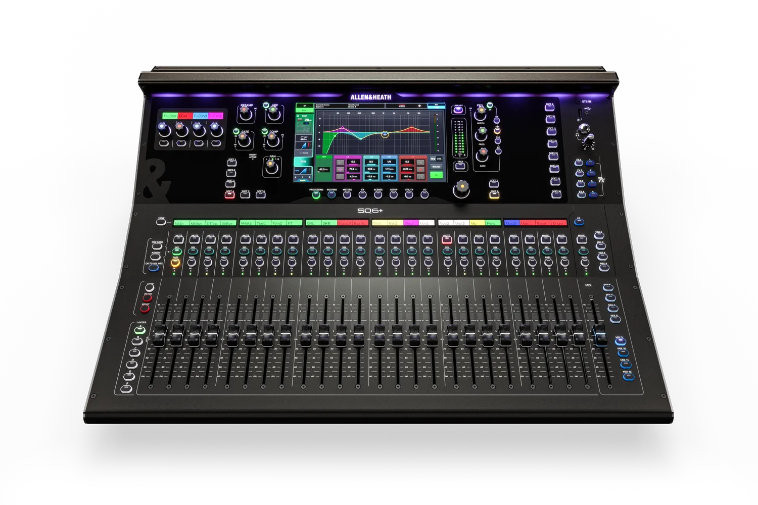 Allen & Heath SQ6+ vista superior con 25 faders, SoftKeys y SoftRotaries