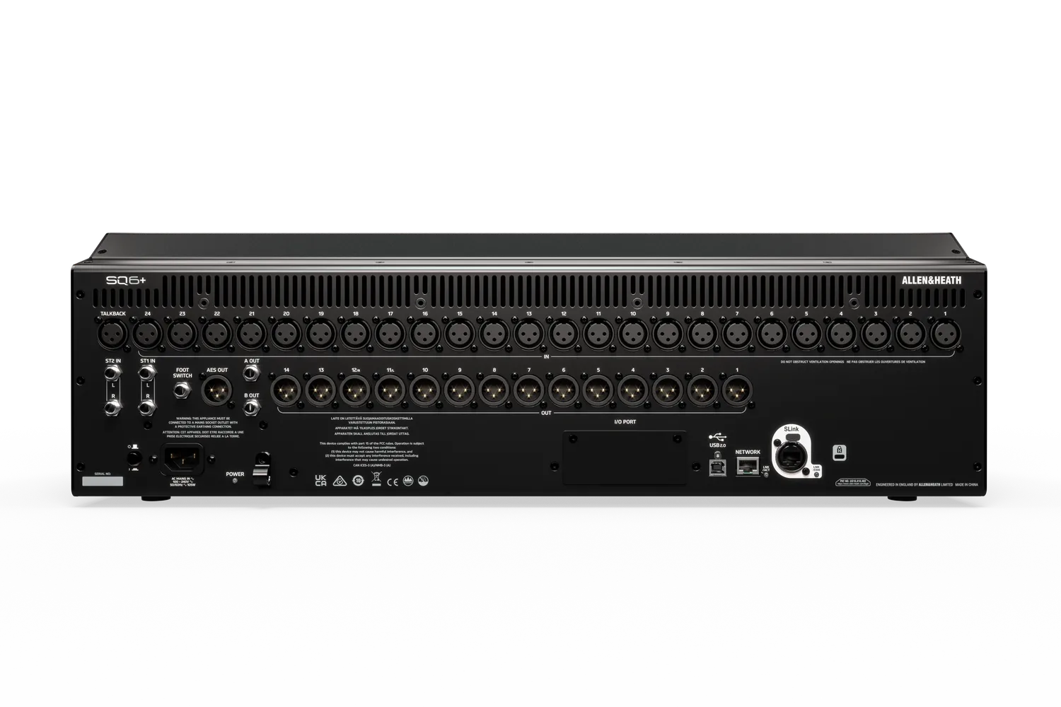 Panel trasero del Allen & Heath SQ6+ con conectividad profesional y ranura de expansión