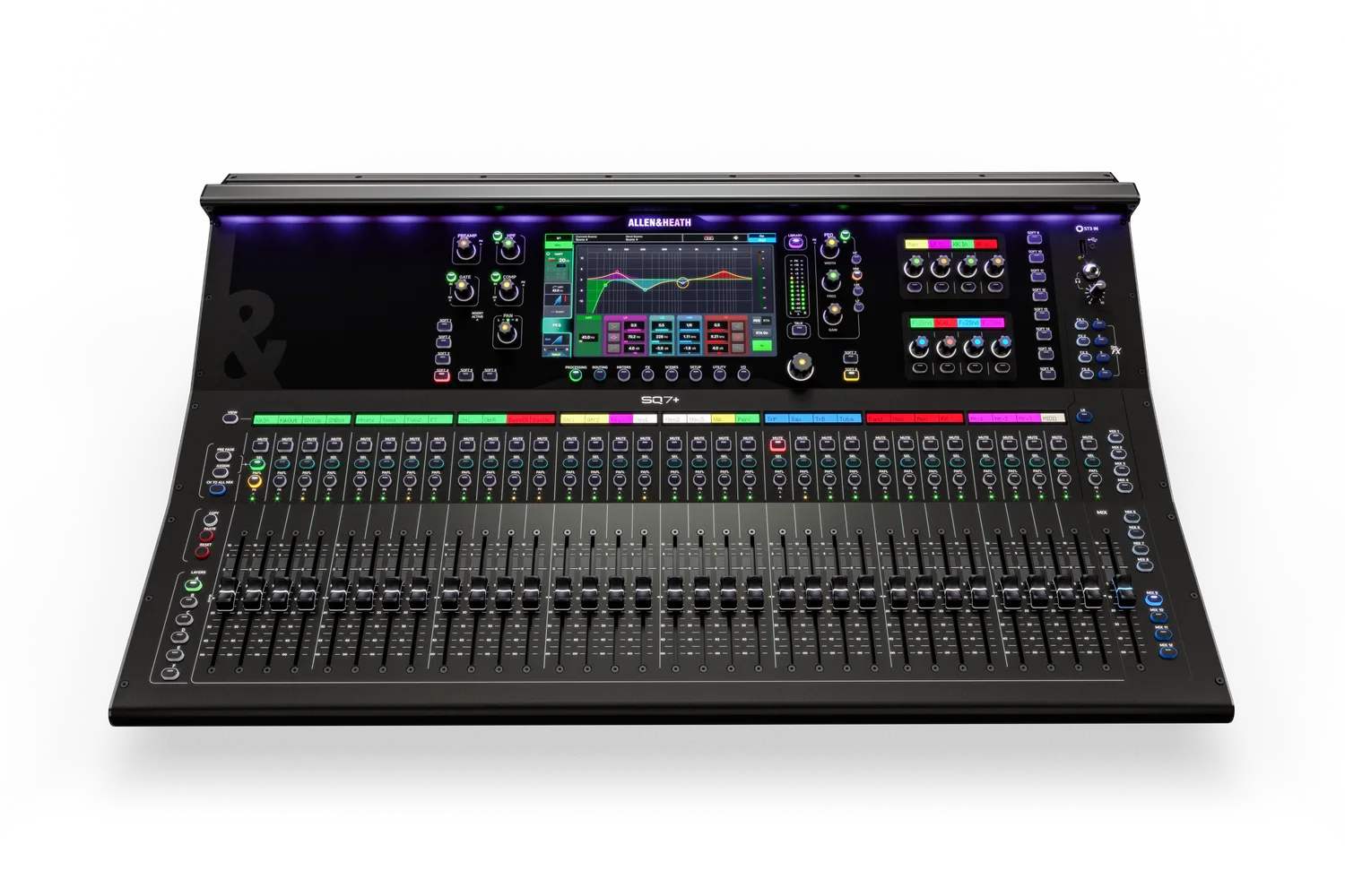 Allen & Heath SQ7+ vista superior con 33 faders y procesamiento RackUltra FX