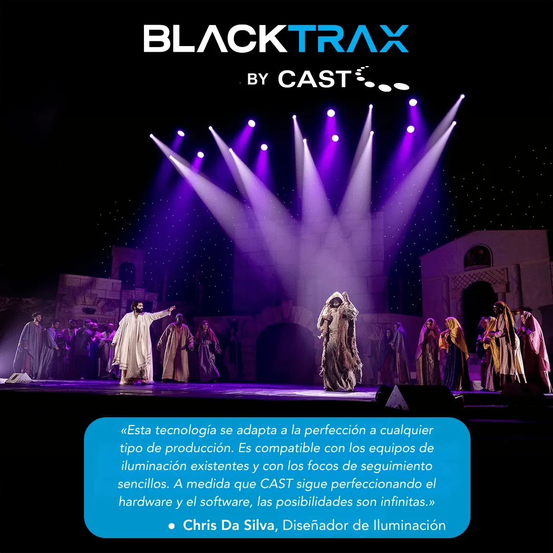 BlackTrax seguimiento de iluminación en tiempo real para la producción teatral Passion Play de Toronto 2 Iluminación automatizada con BlackTrax siguiendo a los intérpretes durante una escena de Passion Play