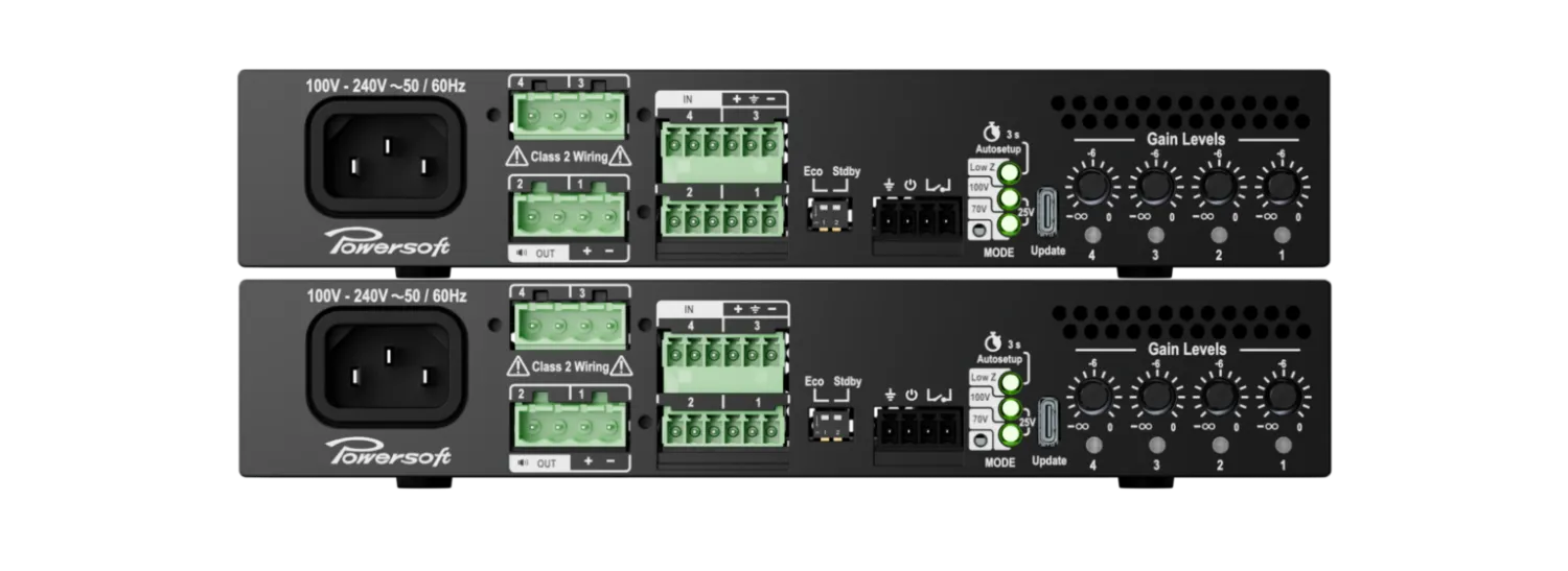 Panel trasero del amplificador Powersoft PRIMA con conexiones para instalación