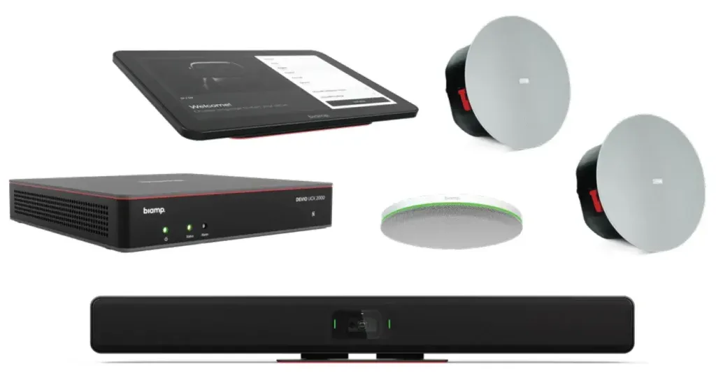 Configuraciones de Biamp Devio UCX con panel Apprimo, barra Parlé, micrófonos y altavoces de techo