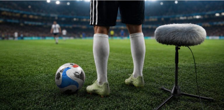 Soportes para micrófonos de König & Meyer a ras de campo en el fútbol