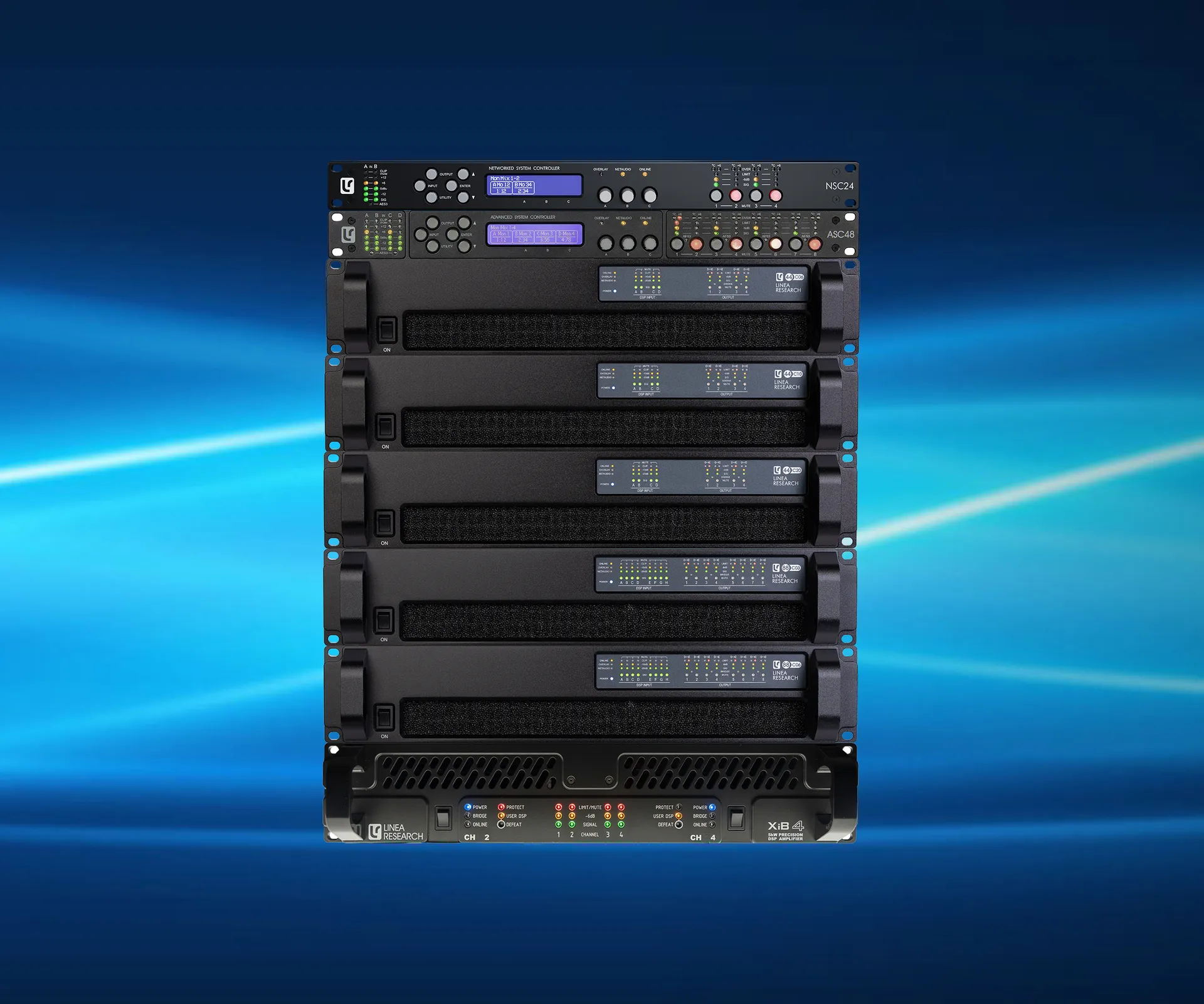 Amplificadores de potencia y sistemas DSP de Linea Research en rack profesional