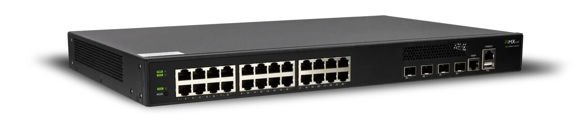 Switches MXnet serie P: AVPro Edge lleva a 25 Gb los enlaces de sus redes AV sobre IP 3 Switch AVPro Edge AC-MXNET-SW24P de 24 puertos con cuatro jaulas SFP+ y puertos de gestión y consola