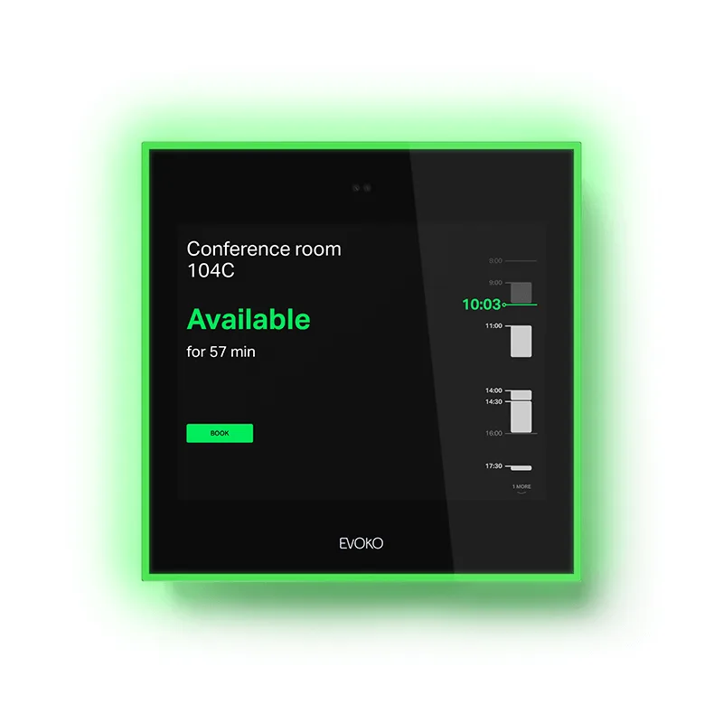 Reserva de salas de reuniones sin fricciones: el caso de Peak Performance con Evoko Naso 2 Panel Evoko Naso que muestra una sala de conferencias disponible junto a su agenda del día